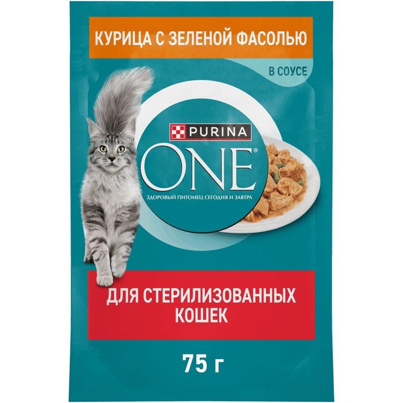 Изображение товара Влажный корм Purina One для стерилизованных кошек с курицей и зеленой фасолью в соусе, 75г