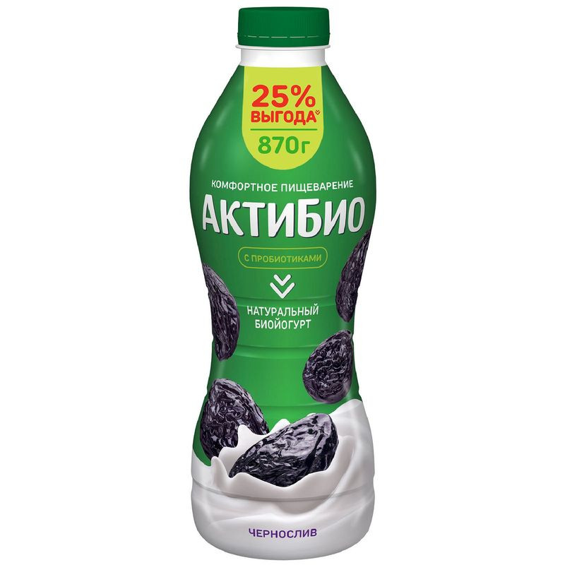 Изображение товара Биойогурт Актибио с черносливом 1 5% 870г питьевой натуральный продукт