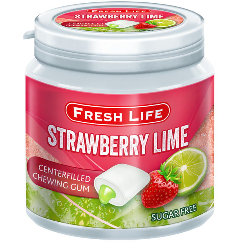 Изображение товара Жевательная резинка Fresh life со вкусом клубники и лайма без сахара, 76г