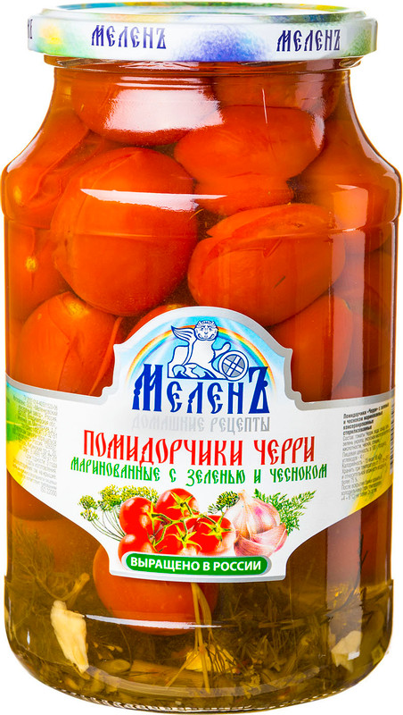 Изображение товара Помидоры черри Меленъ с зеленью и чесноком маринованные, 940г