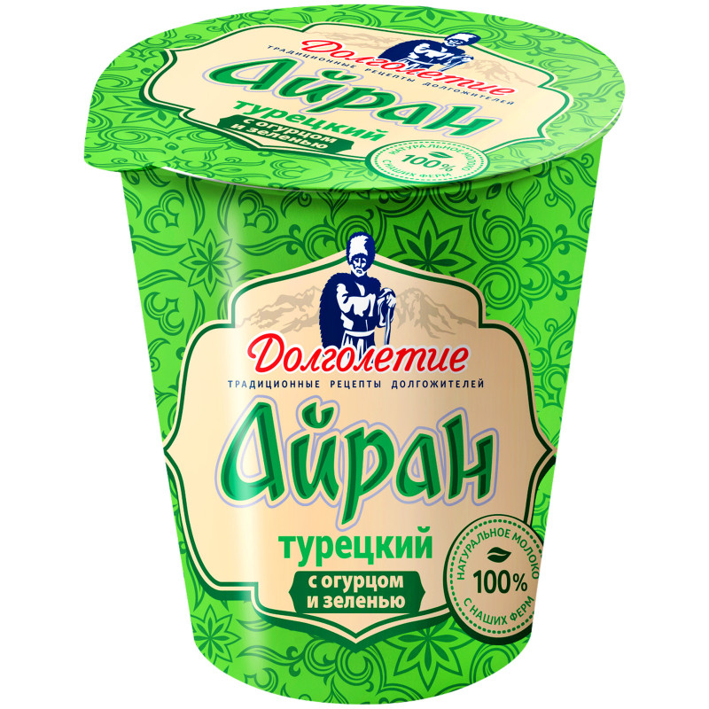 Изображение товара Напиток кисломолочный Долголетие Айран Турецкий с огурцом и зеленью 1.8%, 180г