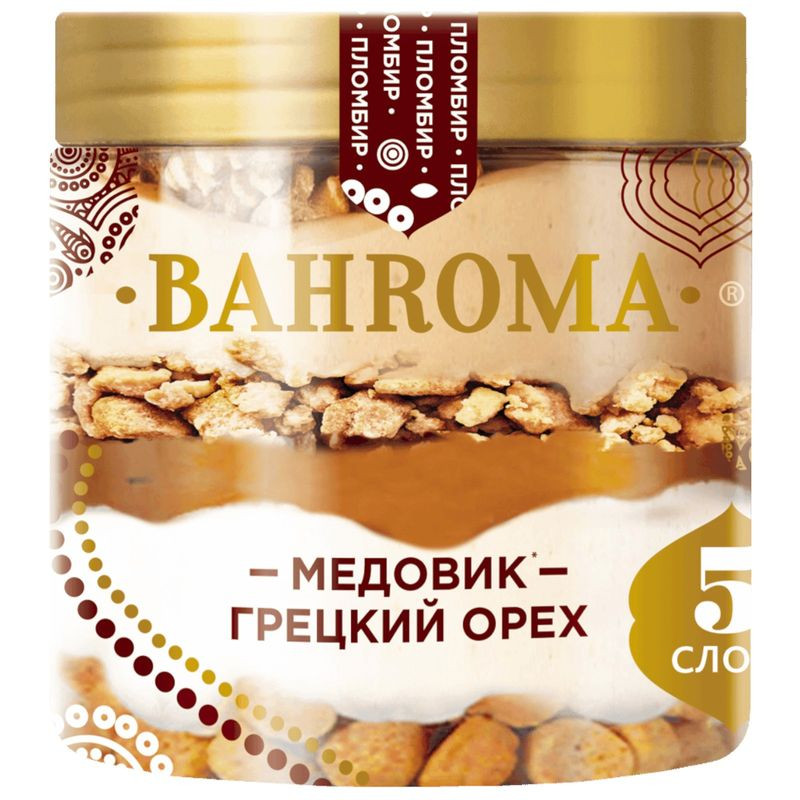 Изображение товара Мороженое Bahroma Медовик пломбир с грецким орехом и печеньем 320г Казахстан