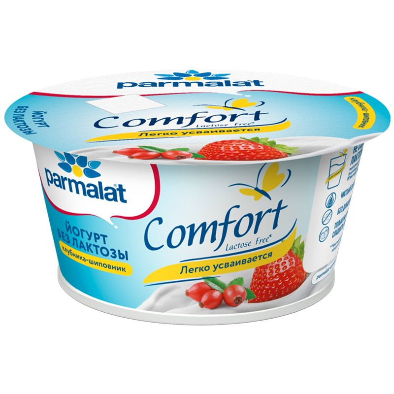 Изображение товара Йогурт Parmalat Comfort клубника-шиповник безлактозный 3% 130г натуральный десерт