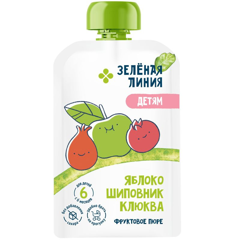 Изображение товара Пюре из яблок шиповника и клюквы для детей Зелёная Линия 90г без сахара