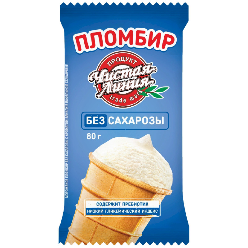Изображение товара Мороженое Чистая линия пломбир без сахарозы с ароматом ванили 12%, 80г