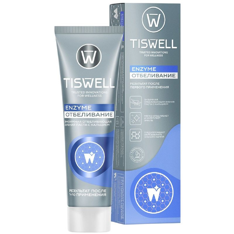 Изображение товара Зубная паста Tiswell энзимная отбеливающая с кальцием 110г для укрепления и отбеливания зубов