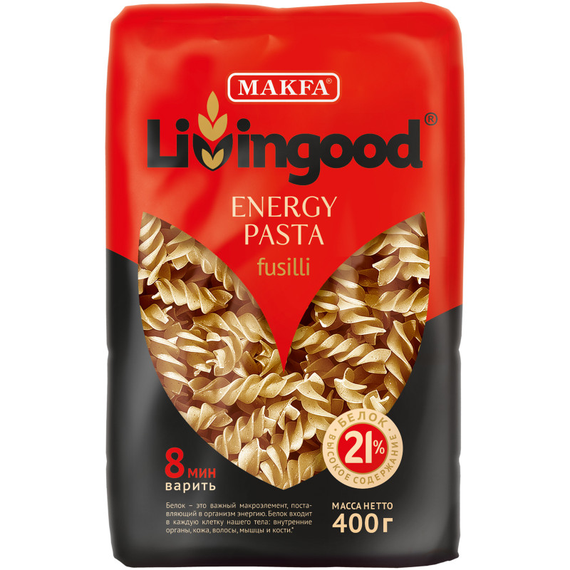 Изображение товара Макароны Livingood Energy Pasta Fusilli высокобелковые, 400г