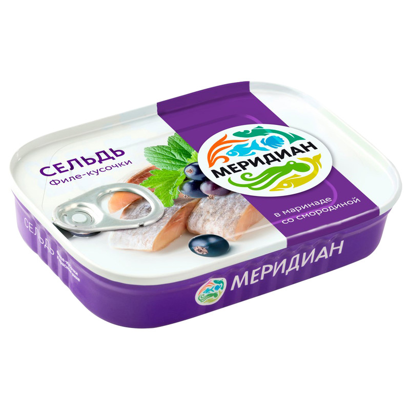 Изображение товара Сельдь атлантическая Меридиан филе-кусочки в маринаде с чёрной смородиной, 115г