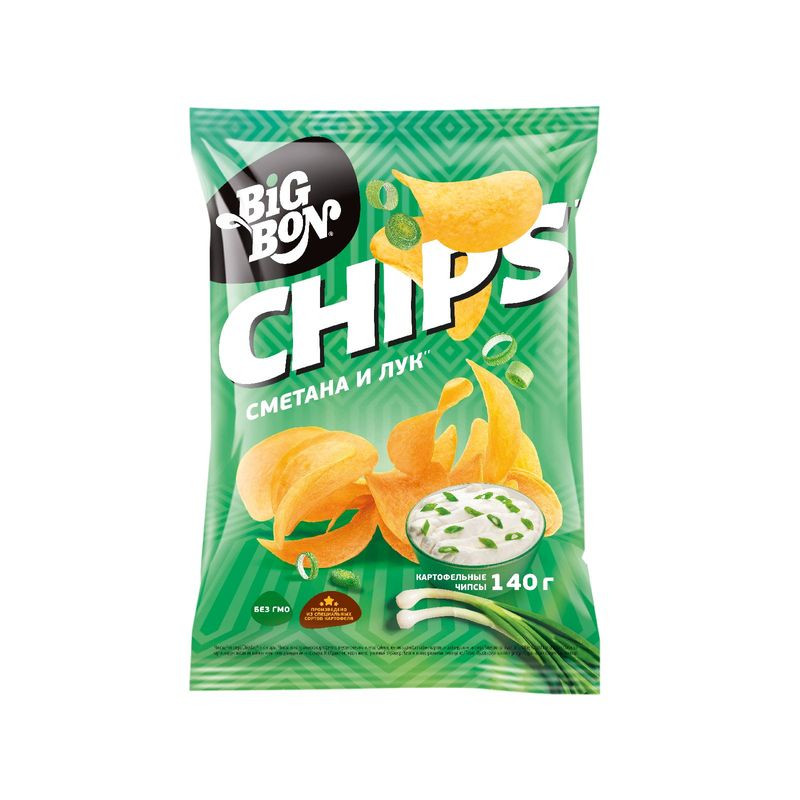 Изображение товара Чипсы Big Bon со вкусом сметаны и лука из сырого картофеля, 140г