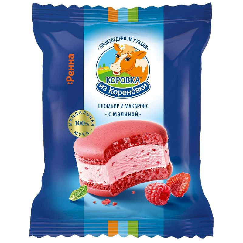 Изображение товара Мороженое Коровка в печенье Макаронс малиновый 70г пломбир натуральный вкус