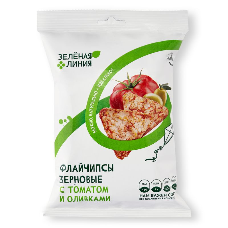 Изображение товара Флайчипсы зерновые со вкусом томата и оливки Зелёная Линия 40г - полезная закуска для перекусов