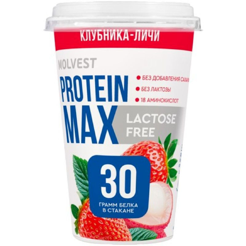 Изображение товара Кисломолочный напиток Molvest Protein Max Клубника-Личи обезжиренный безлактозный 240г