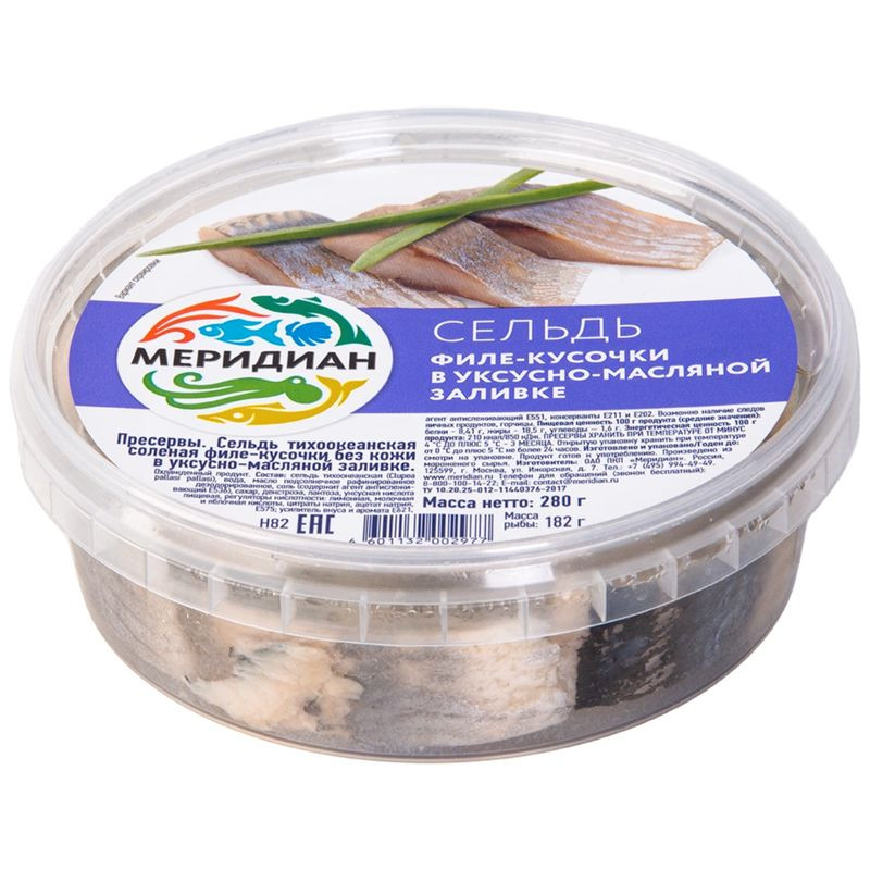 Изображение товара Сельдь филе-кусочки в уксусно-масляной заливке 280 г Меридиан Россия